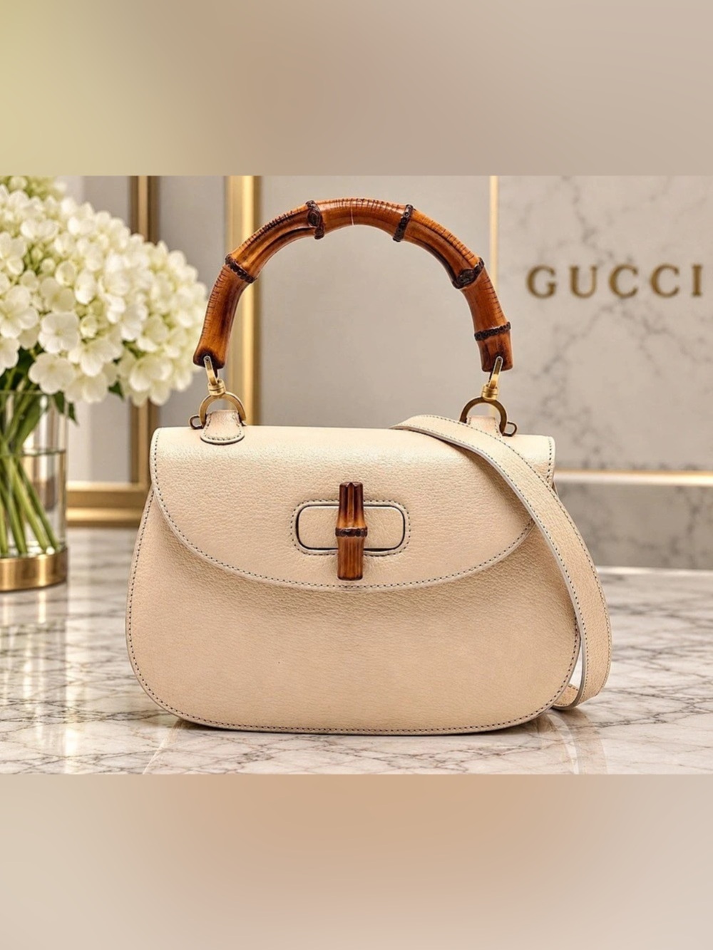 Vintage Gucci Bamboo 1947 Cream Leather Top-Handle Shoulder Bag with Mirror